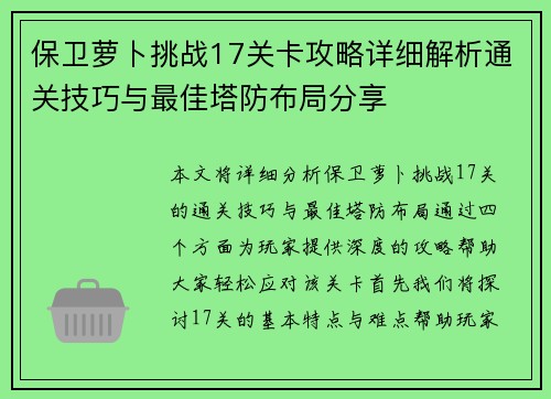 保卫萝卜挑战17关卡攻略详细解析通关技巧与最佳塔防布局分享 保卫萝卜挑战17关卡攻略详细解析通关技巧与最佳塔防布局分享