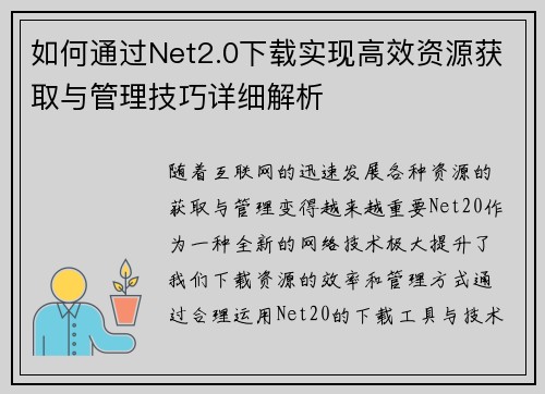 如何通过Net2.0下载实现高效资源获取与管理技巧详细解析